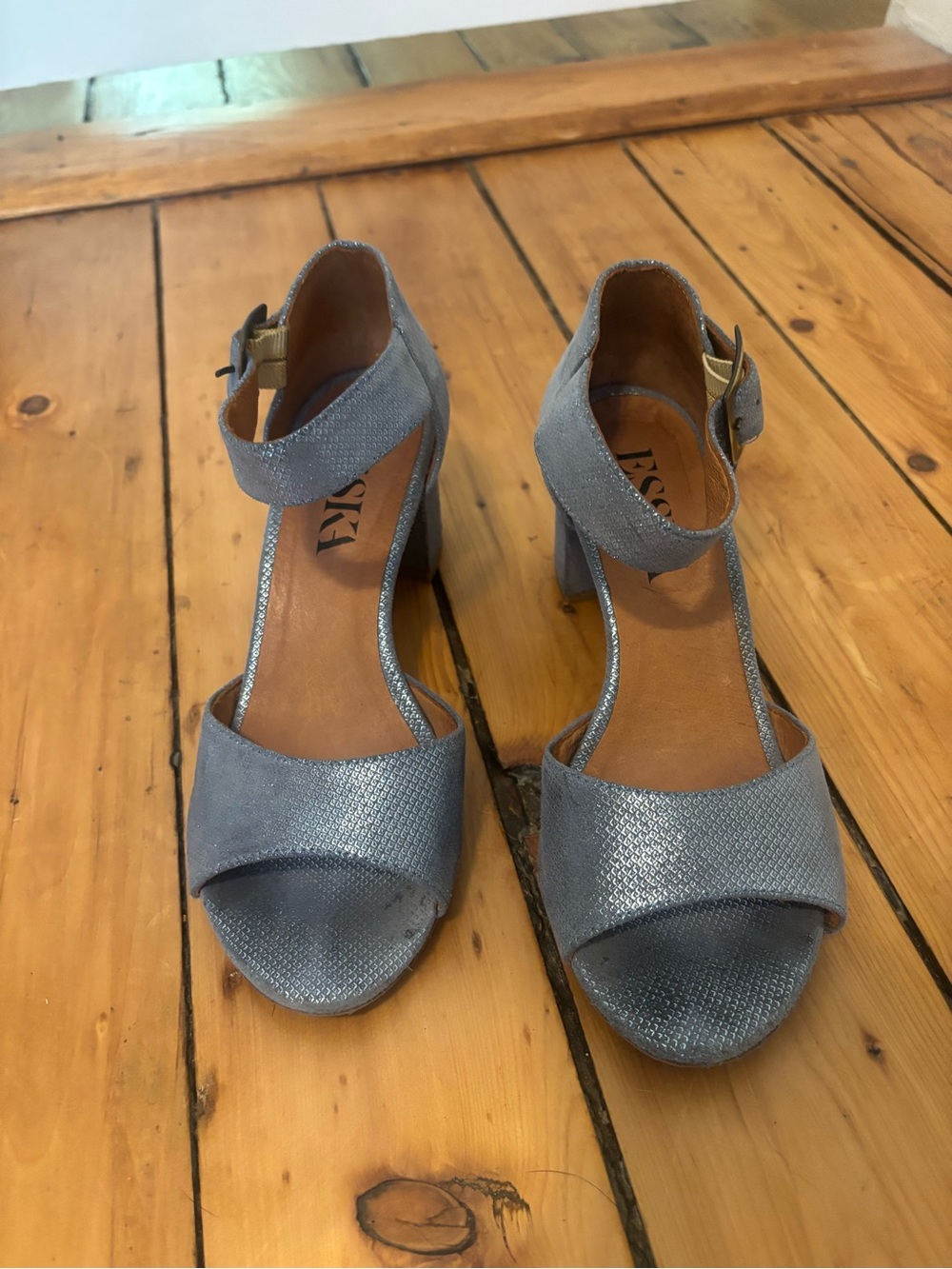 Esska metallic blue block heel sandals
